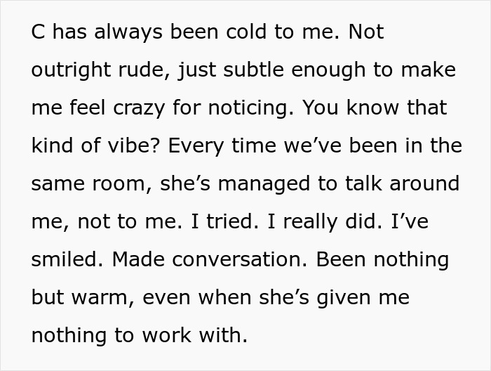 Text excerpt about tension with my husband's childhood best friend showing subtle coldness and social discomfort.