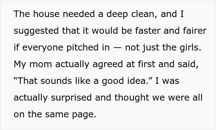 Woman boycotts doing chores at sexist parents' house until her brothers help clean and share responsibility. Woman boycotts doing chores at sexist parents' house until her brothers help clean and share responsibility.