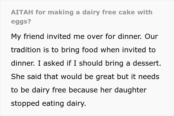 Text post asking if making a dairy free cake with eggs is wrong, discussing confusion about dairy ingredients.