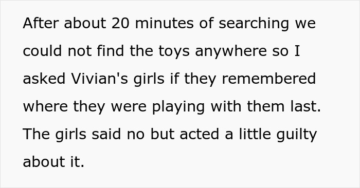 Text about searching for toys and feeling guilty, related to demanding to check brother’s girlfriend’s bags before leaving house. Text about searching for toys and feeling guilty, related to demanding to check brother’s girlfriend’s bags before leaving house.