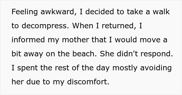 Woman feels betrayed and uncomfortable after her mother goes topless in front of her boyfriend at the beach. Woman feels betrayed and uncomfortable after her mother goes topless in front of her boyfriend at the beach.