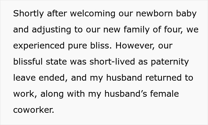 Text describing a new family adjusting after childbirth and facing relationship struggles with gaslighting and regret.