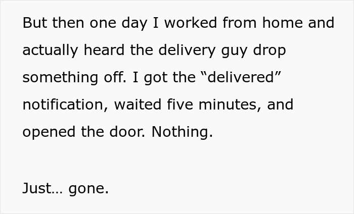 Text describing a woman working from home discovering that her packages were stolen shortly after delivery notification.