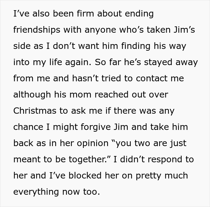 Text in a personal story about ending friendships and setting boundaries after jealousy at a wedding involving the husband and a girl.