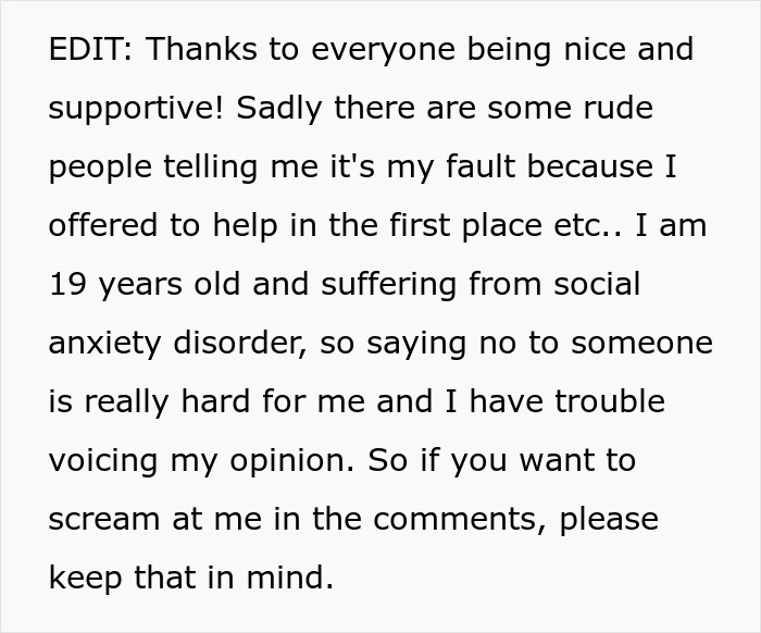 Text expressing gratitude for support and explaining social anxiety challenges faced by a 19-year-old woman at the store. Text expressing gratitude for support and explaining social anxiety challenges faced by a 19-year-old woman at the store.