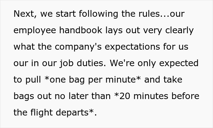 Text emphasizing airport employees following rules, highlighting job duties amid manager chair removal controversy.