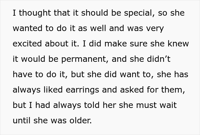 Text showing a dad upset after finding out wife took their daughter to get her ears pierced without permission. Text showing a dad upset after finding out wife took their daughter to get her ears pierced without permission.