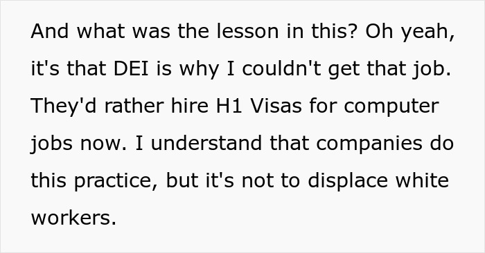 Text discussing DEI issues and challenges in getting jobs, mentioning preference for H1 Visas in computer roles.