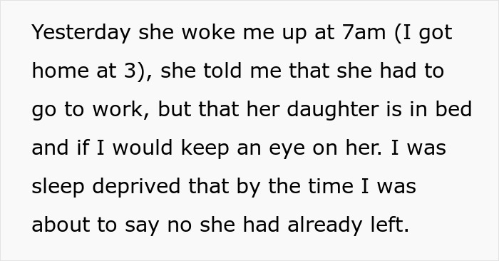 Text about woman abandoning child with stranger roommate, claiming it&rsquo;s a work emergency, causing concern and confusion.