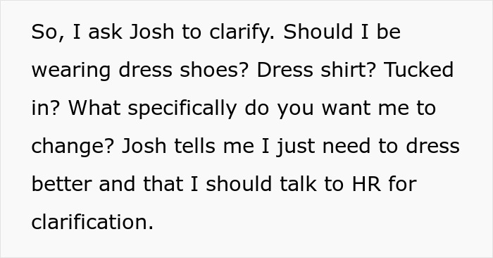 Text message about clarifying dress code, discussing dressing better and contacting HR for clarification at work.