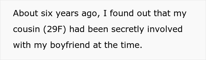 Text describing betrayal by cousin having affair with ex, family urging forgiveness and moving past the situation.