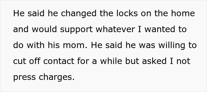 Text excerpt discussing changing locks and willingness to cut off contact with MIL after baby-related conflict at home. Text excerpt discussing changing locks and willingness to cut off contact with MIL after baby-related conflict at home.