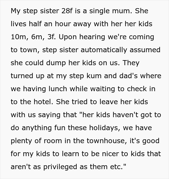 Step sister refuses to babysit step sister&rsquo;s kids during holiday, sparking family drama and tense discussions.