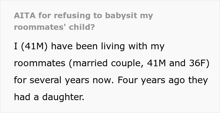 Text excerpt discussing a man refusing to babysit his roommate&rsquo;s child after a night shift, and being called selfish.