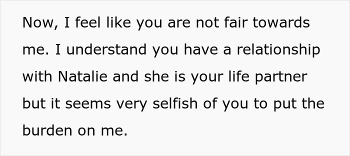 Text message discussing fairness and burden related to treating brother's girlfriend's kids differently than own children.