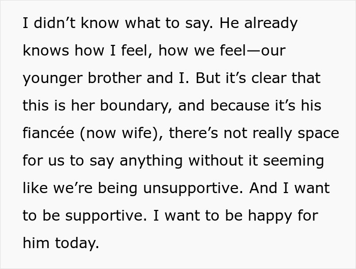 Text screenshot showing a statement about a fianc&eacute; respecting his wife's boundary and ending his gaming days to support her.