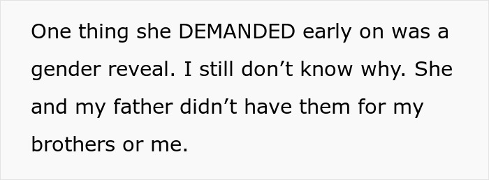 Text excerpt about a mom opposing a gender reveal party during her daughter's pregnancy announcement.