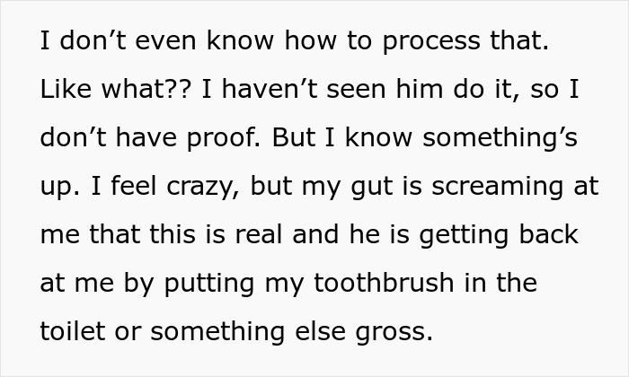Text excerpt describing a woman suspecting her boyfriend is tampering with her toothbrush, leading to trust issues.