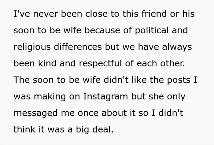 Text excerpt discussing a woman&rsquo;s issues with her friend&rsquo;s soon-to-be wife and concerns about fianc&eacute; attending wedding.