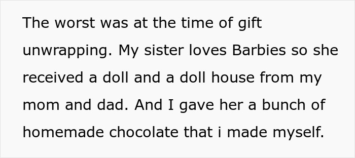 Text excerpt about gift unwrapping during a girl’s 11th birthday with homemade chocolate and dolls mentioned. Text excerpt about gift unwrapping during a girl’s 11th birthday with homemade chocolate and dolls mentioned.