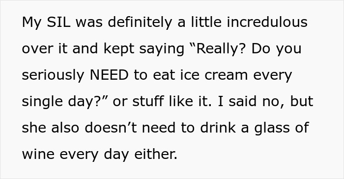Text excerpt showing a mom telling her SIL that eating ice cream every night complicates parenting and hearing a firm no. Text excerpt showing a mom telling her SIL that eating ice cream every night complicates parenting and hearing a firm no.