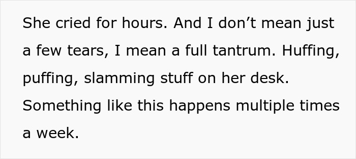 Text describing a lady in tears and office drama while a coworker seeks a peaceful 9-to-5 work environment.