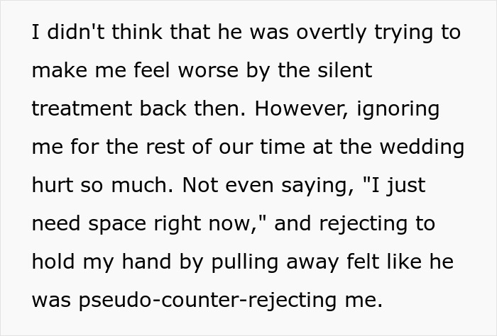 Text excerpt from a personal story about stopping a boyfriend&rsquo;s proposal and dealing with silent treatment at a wedding.