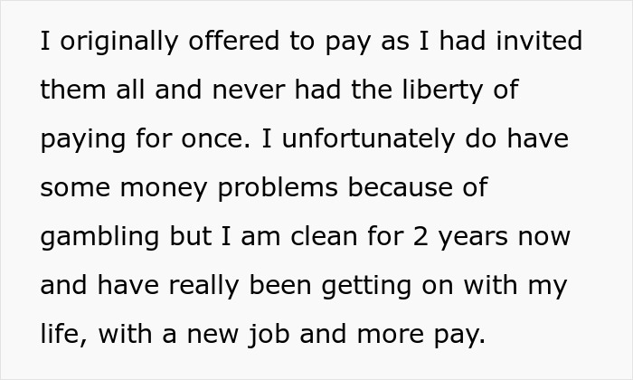 Text excerpt about friend&rsquo;s girlfriend ordering expensive meals, highlighting the expensive meals and payment conflict.