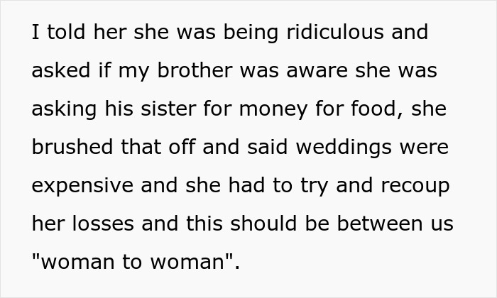 Text screenshot discussing conflict about asking brother&rsquo;s sister for money, relating to posting SIL texts online making her look bad.
