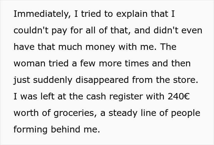 Text excerpt describing a woman almost getting scammed at a store, highlighting a shell shocked lesson learned. Text excerpt describing a woman almost getting scammed at a store, highlighting a shell shocked lesson learned.