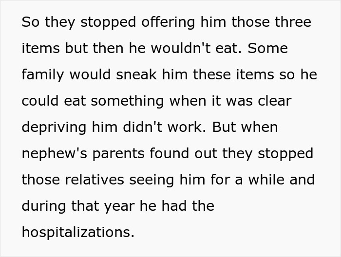Text excerpt discussing a child being deprived of food, with family involvement and hospitalizations reported to CPS.