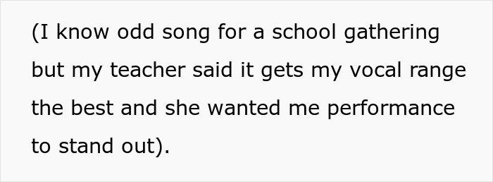 Text on screen showing a personal message about performing an unusual song at a school gathering.