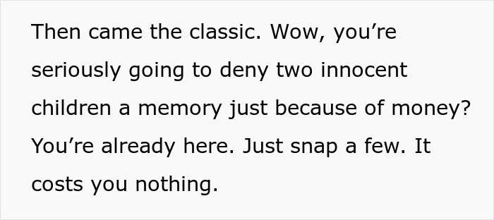 Text overlay of an entitled mom interrupting a couple&rsquo;s photoshoot to demand free pictures of her kids.