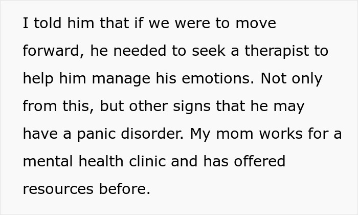 Text excerpt discussing the boyfriend needing therapy to manage emotions and potential panic disorder before proposal.