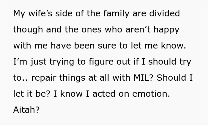 Text discussing family conflict and considering whether to repair things with MIL after emotional actions by new mom. Text discussing family conflict and considering whether to repair things with MIL after emotional actions by new mom.