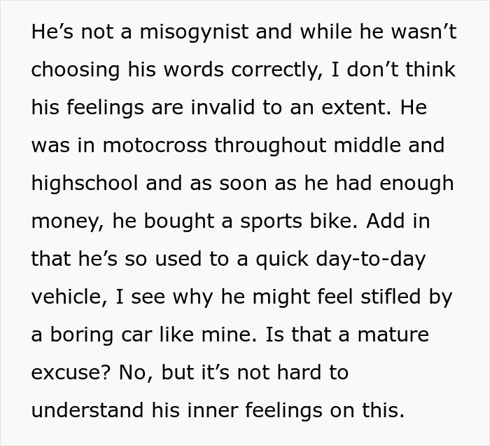 Text excerpt discussing a woman's perspective on her husband's feelings before an irresponsible manly purchase.
