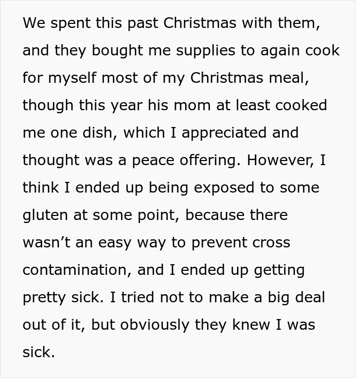 Text excerpt about woman experiencing gluten exposure and exclusion from boyfriend’s family vacation due to gluten intolerance concerns. Text excerpt about woman experiencing gluten exposure and exclusion from boyfriend’s family vacation due to gluten intolerance concerns.