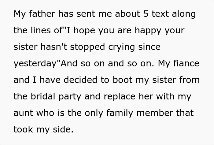 Text excerpt discussing a couple&rsquo;s decision to remove pregnant sister from bridal party after booking wedding venue years in advance.