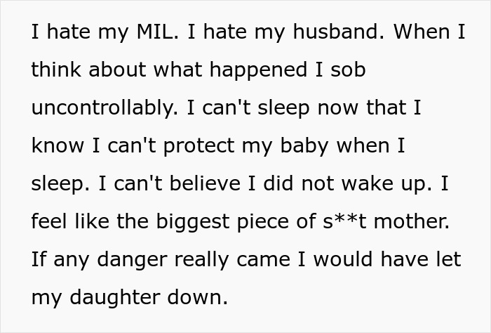 Mother expresses fear and anger after MIL steals baby at night, struggling with guilt and protection concerns. Mother expresses fear and anger after MIL steals baby at night, struggling with guilt and protection concerns.