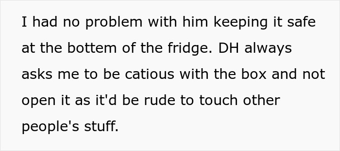 Text excerpt about a husband guarding a box of olives in the fridge, asking his wife to be cautious around it.