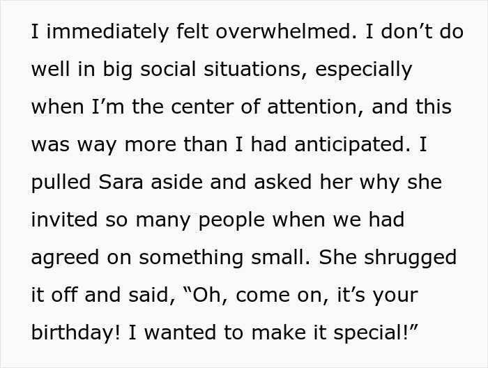 An anxious birthday girl feeling overwhelmed at a surprise bash with 50 guests thrown by her roommate.