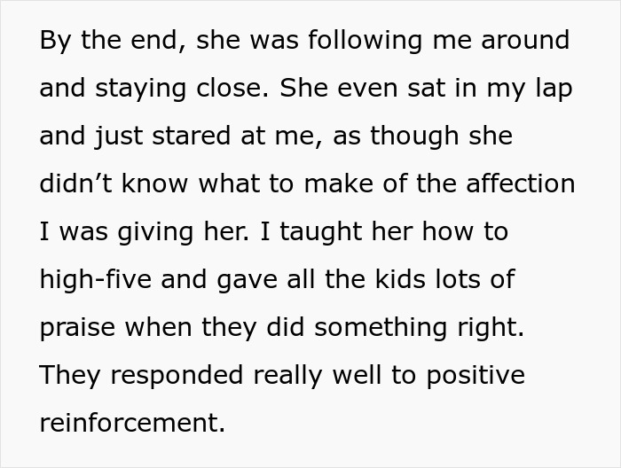 Babysitter emotionally affected by kids&rsquo; living conditions, providing care and positive reinforcement during childcare.