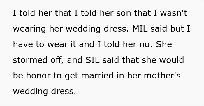 Text excerpt showing a woman refusing to wear fianc&eacute;&rsquo;s mom&rsquo;s used wedding dress in a family dispute.