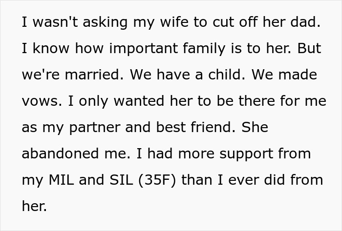 Text excerpt about family tension involving FIL, son-in-law, and wife's silence highlighting relationship struggles.