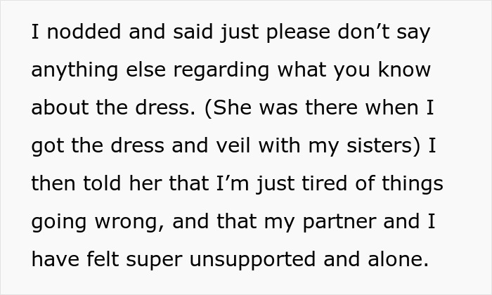 Text excerpt about bride’s joy turning into drama as parents share wedding secrets like gossip, causing stress. Text excerpt about bride’s joy turning into drama as parents share wedding secrets like gossip, causing stress.