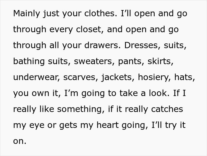 Text excerpt describing clothesitting activities, highlighting trying on people&rsquo;s clothing for thrills.
