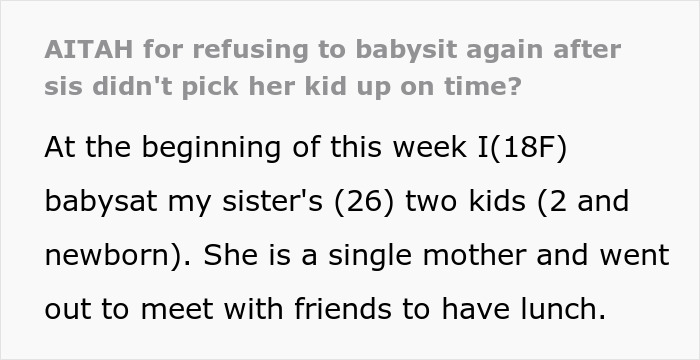 18-year-old babysits sister&rsquo;s two kids for four days after sister leaves during lunch, calling it no big deal.