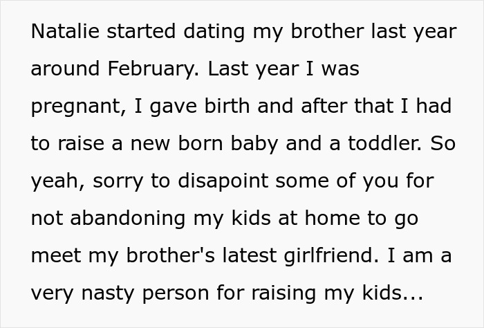 Text excerpt discussing conflicts about treating brother's girlfriend's kids compared to own children in family dynamics.