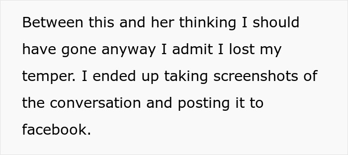 Text about losing temper and posting screenshots of SIL's texts online and making her look bad on Facebook.