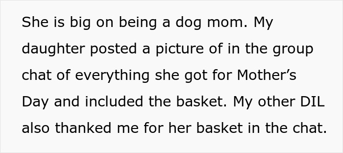 Text about a dog mom daughter-in-law demanding equal treatment and Mother's Day gifting from her mother-in-law. Text about a dog mom daughter-in-law demanding equal treatment and Mother's Day gifting from her mother-in-law.